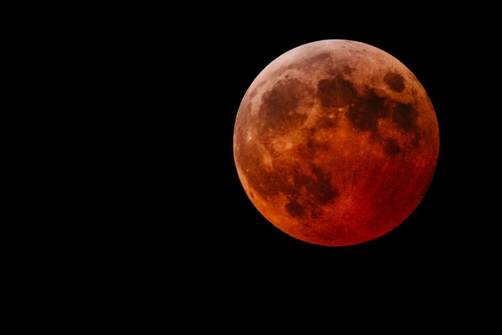 A shot of tonight's "blood moon eclipse" captured with a telephoto lens at 840mm.