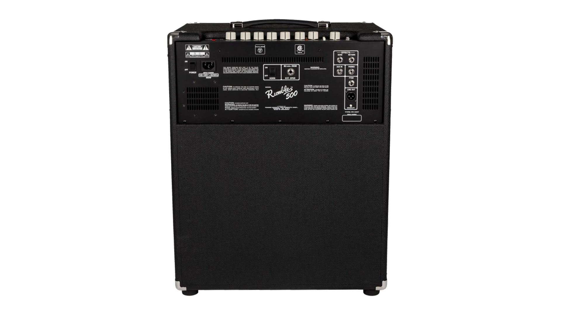 The back of the Fender Rumble 500 combo.