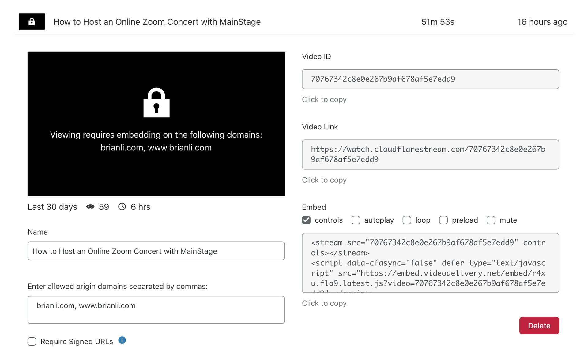 Video settings in Cloudflare Stream.