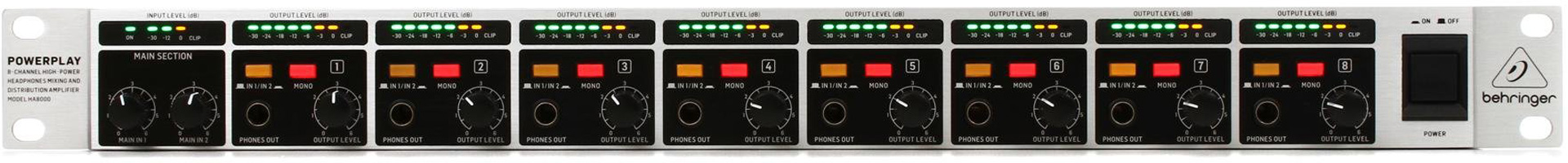 The Behringer HA8000 V2 is an 8-channel headphone amplifier.