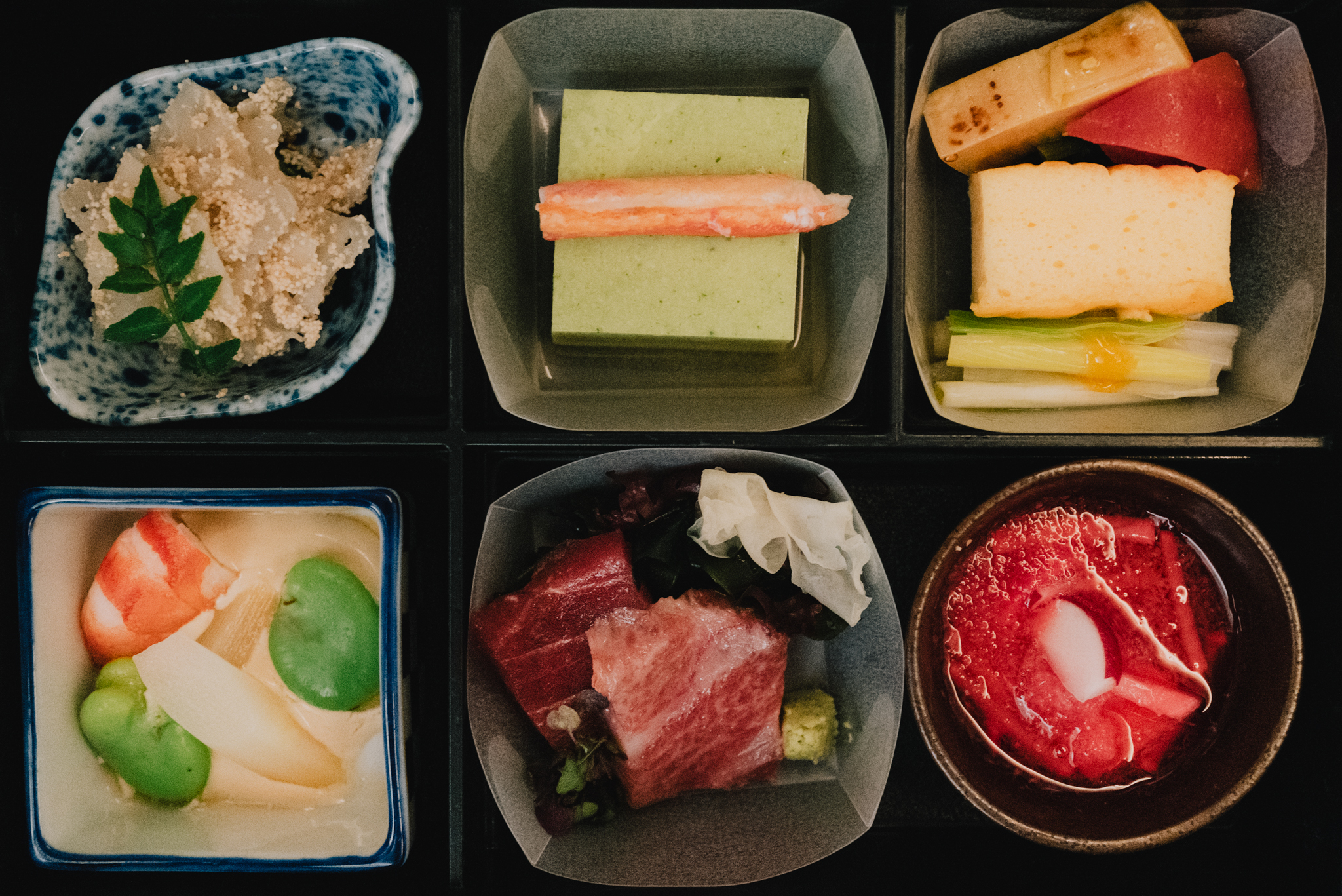 JAL business class appetizer and main course.