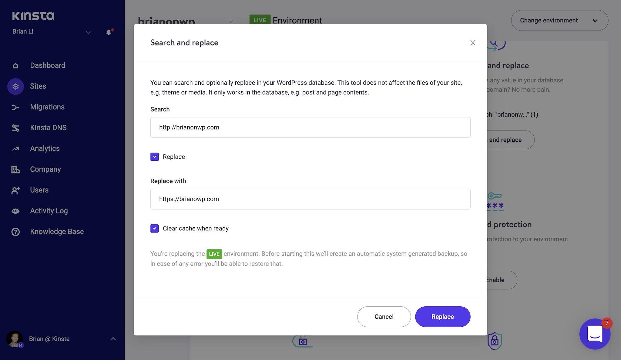 Kinsta's handy search and replace tool for WordPress.