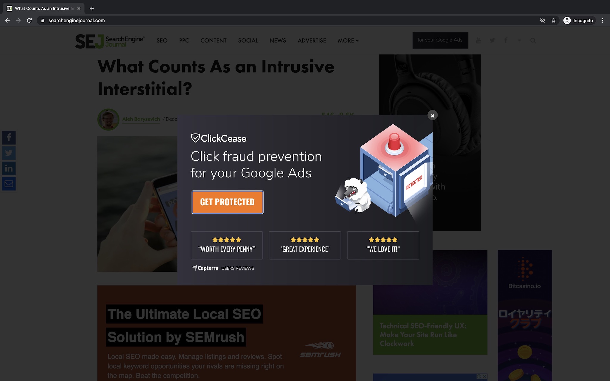 An intrusive popup on Search Engine Journal – how ironic.
