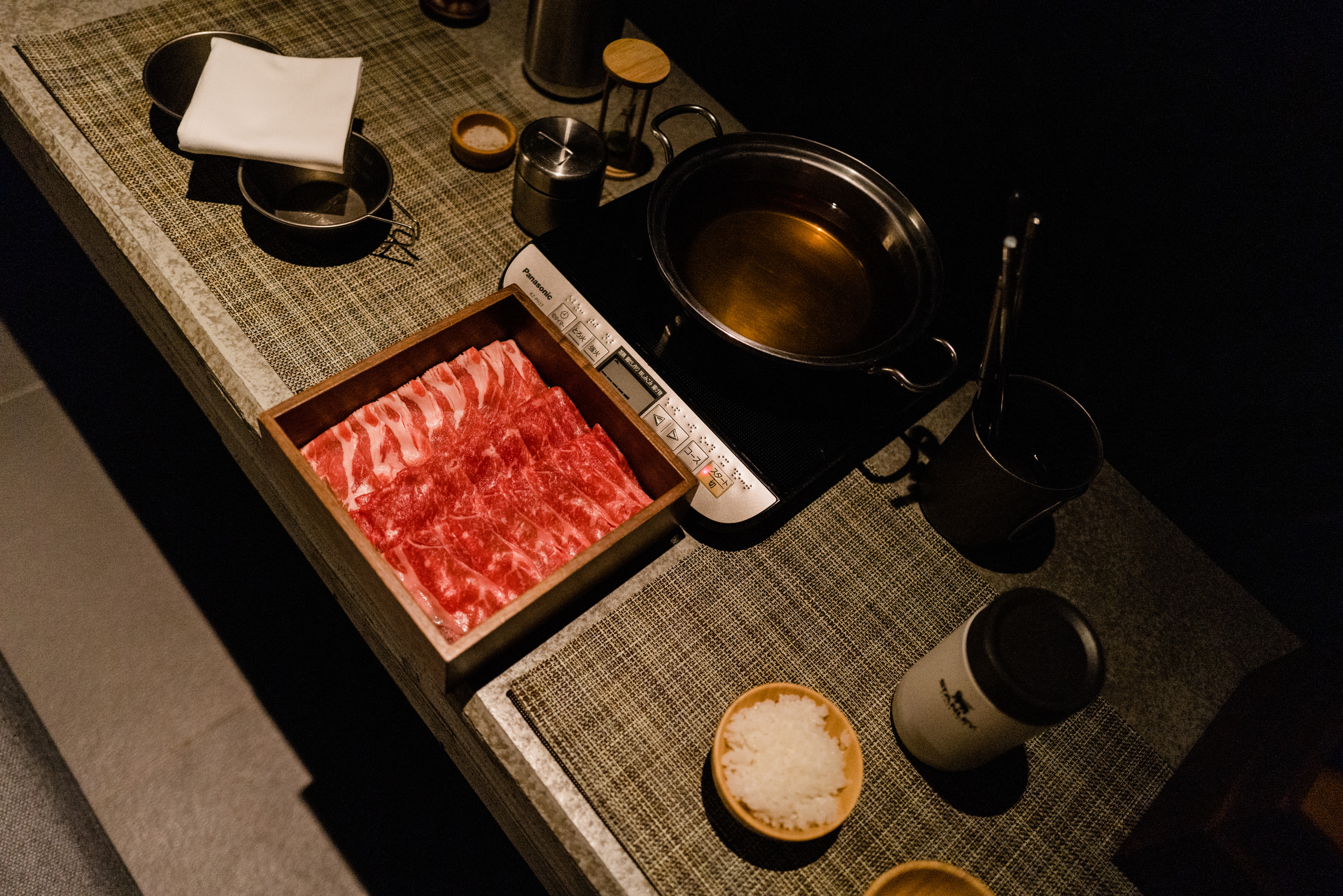 A shabu-shabu dinner on the balcony at Hoshinoya Fuji.