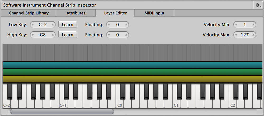 Use the MainStage layout editor to split the MIDI keyboard with different sounds.