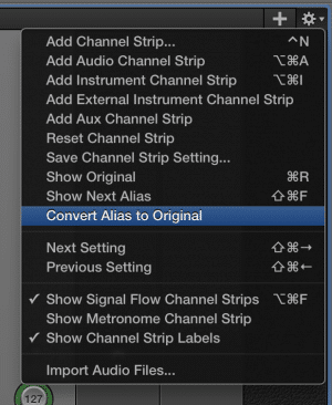 Convert an alias back to an original channel strip in MainStage.