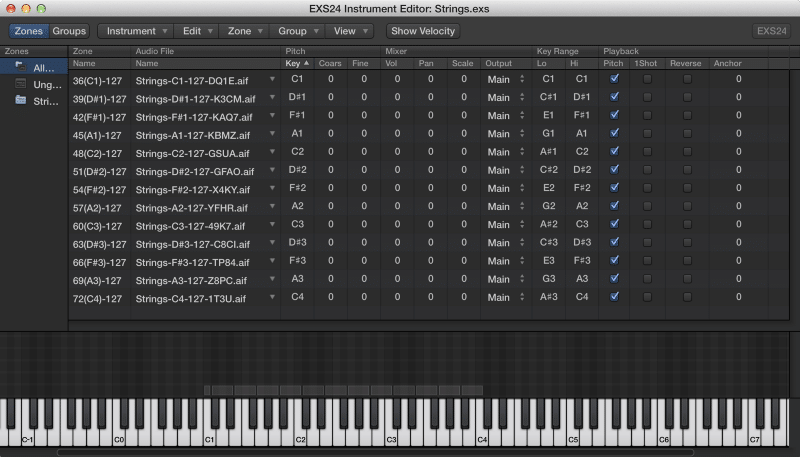 A completed EXS24 instrument after auto sampling a hardware synth in MainStage.