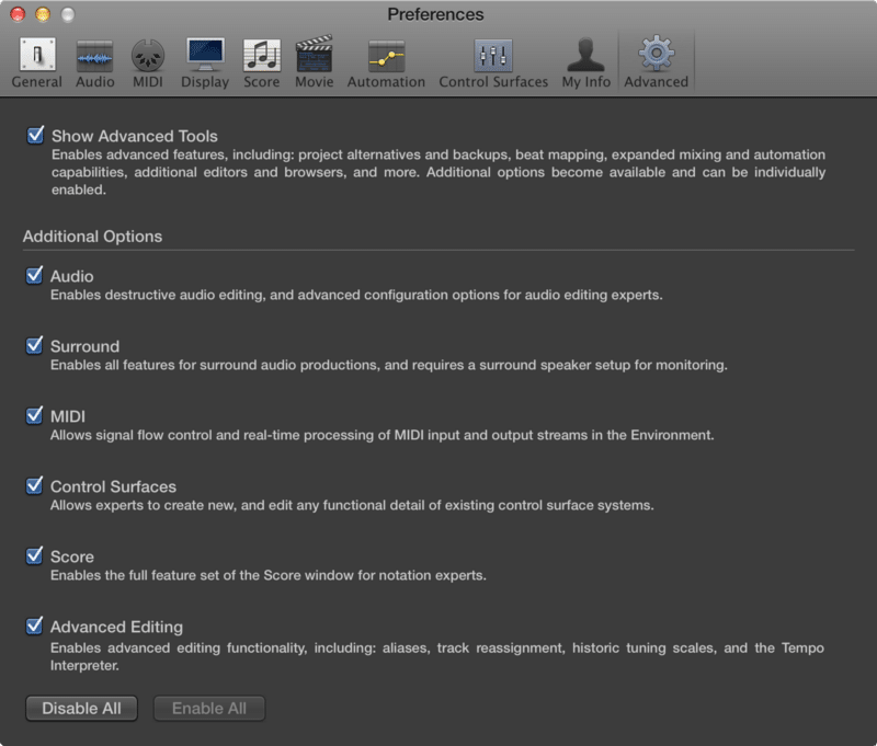 Logic Pro X's advanced tools menu.