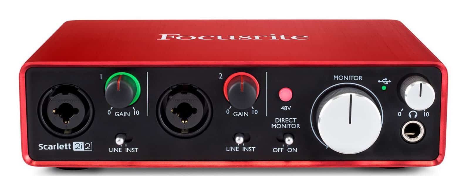 Focusrite Scarlett 2i2 USB audio interface.