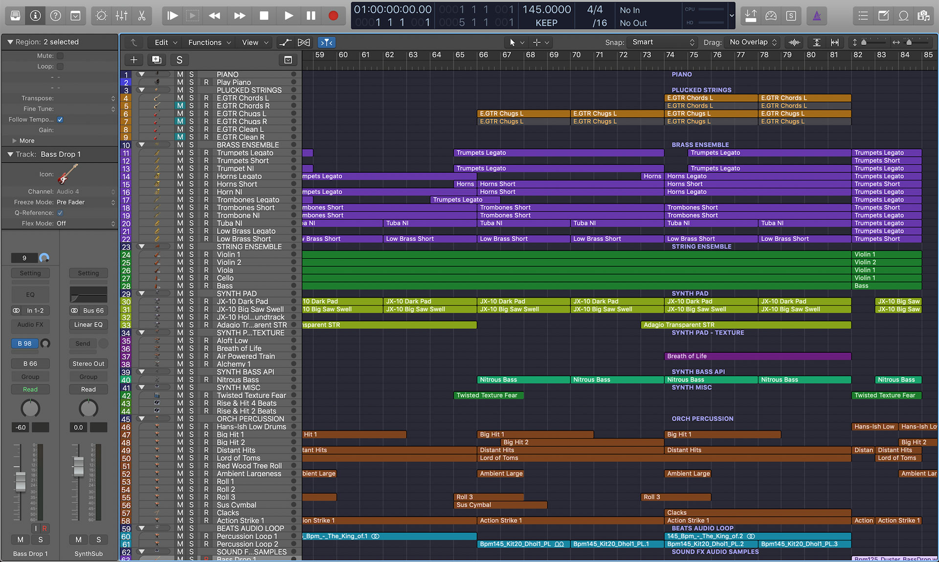 A Logic Pro session for a film score project.