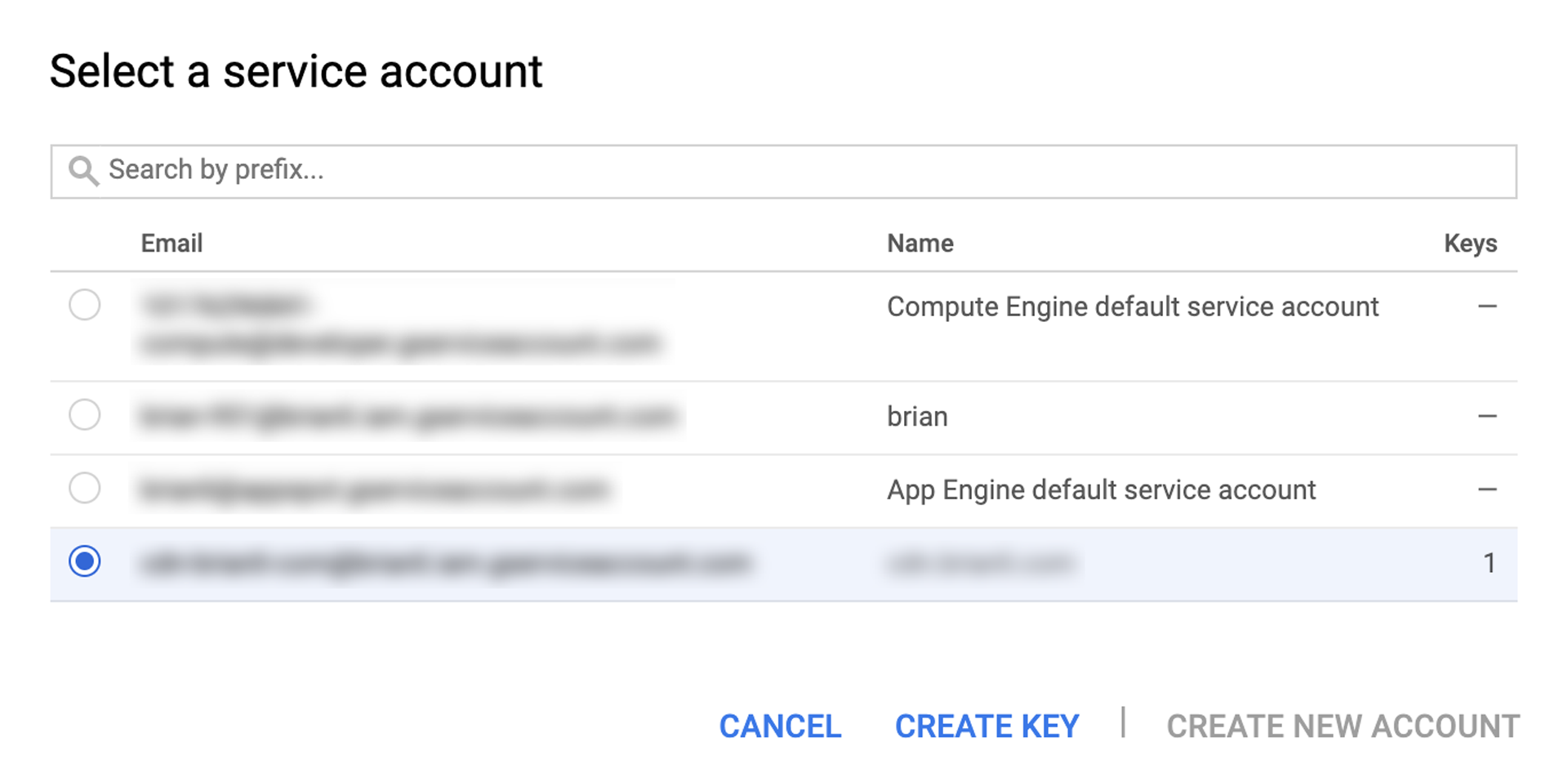 Select a service account for Google Cloud Storage's Interoperability API.