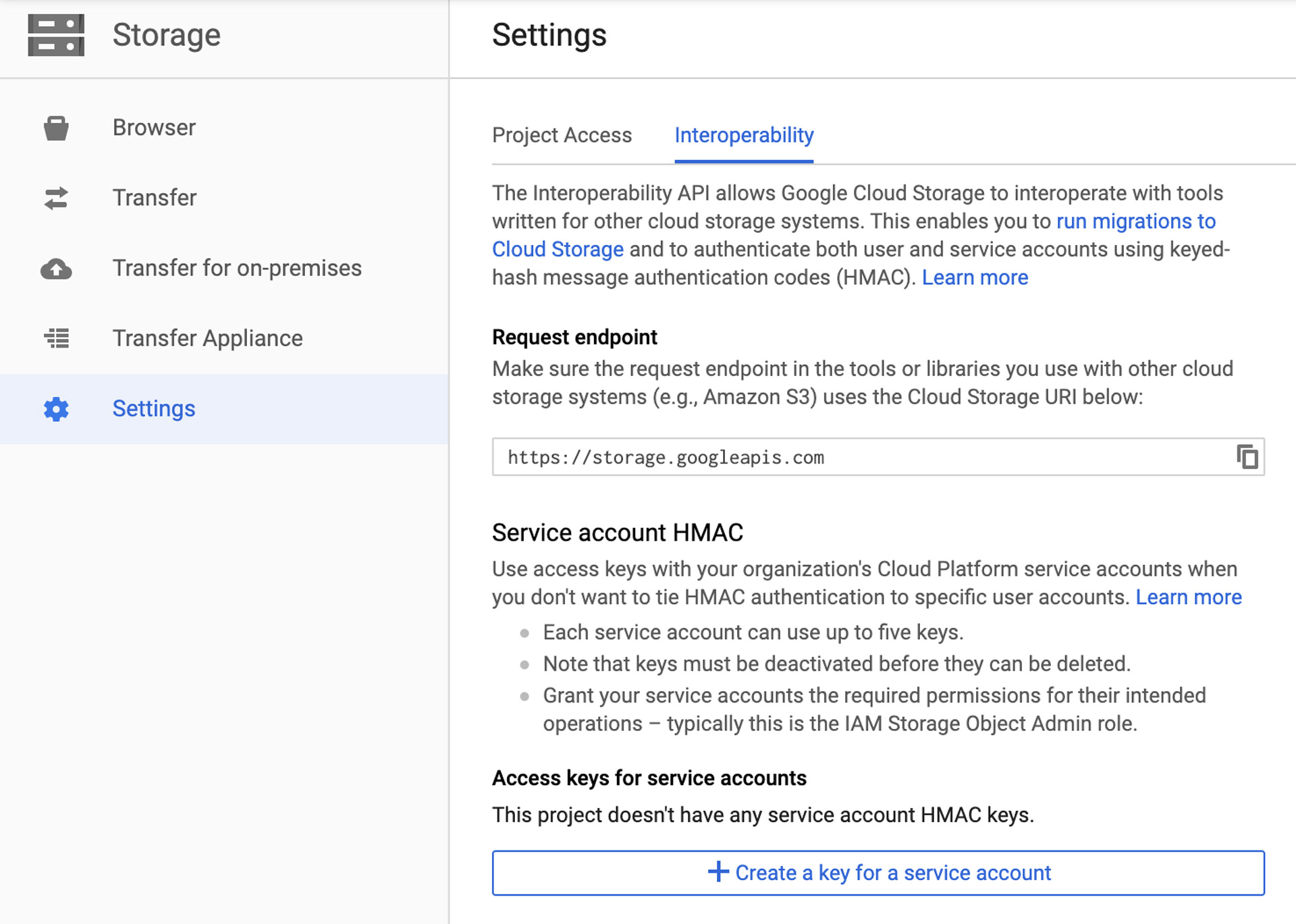 The Google Cloud Storage Interoperability API settings menu.