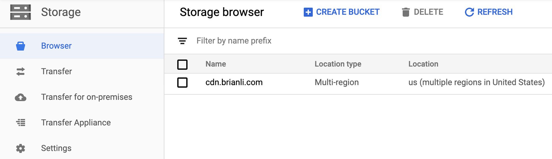 The Google Cloud Storage settings menu.