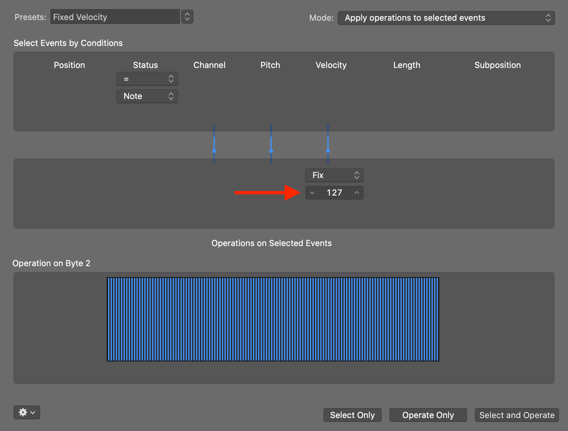 The Fixed Velocity menu in Logic Pro X.