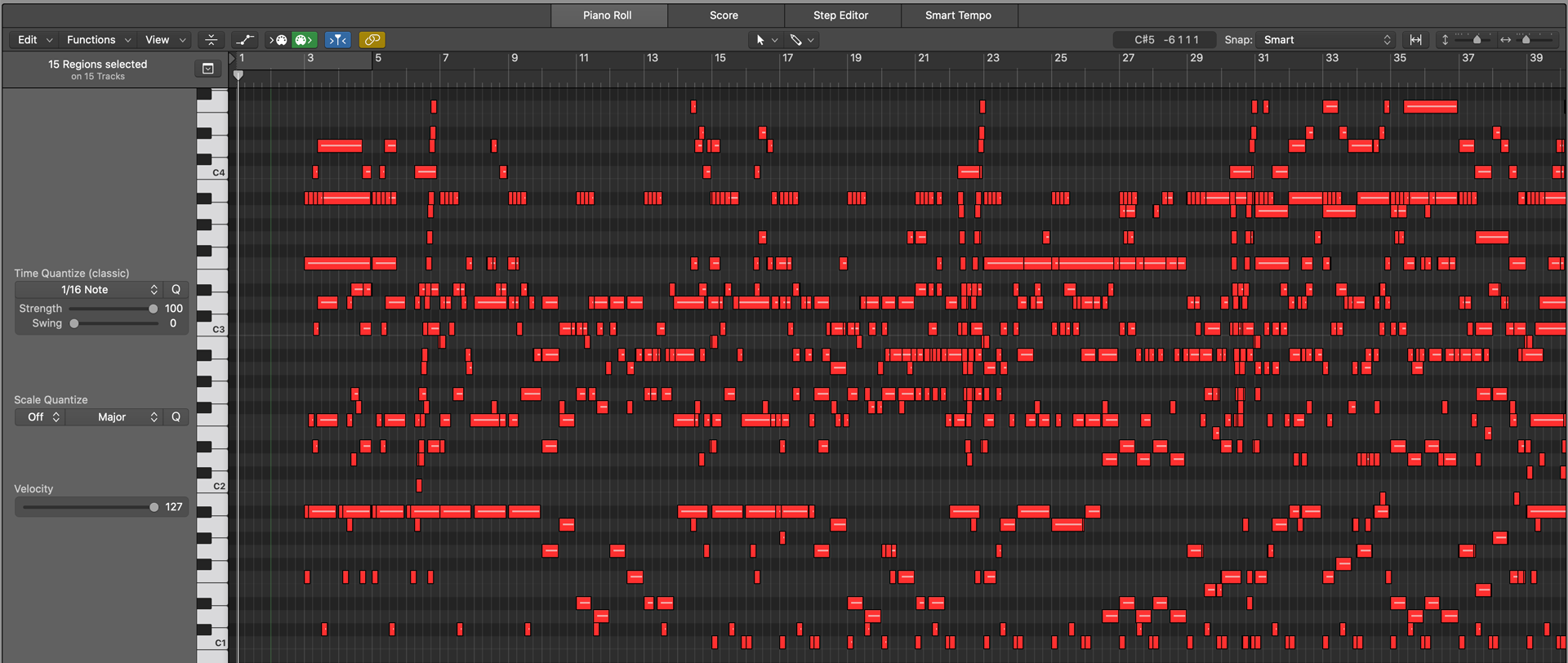 MIDI notes in Logic Pro X after running a fixed velocity MIDI transform process.