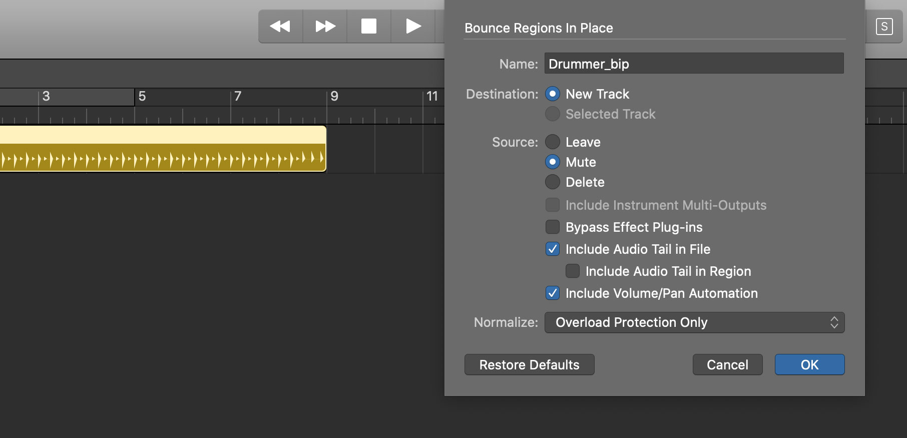 Default settings for the "bounce in place" function in Logic Pro X.