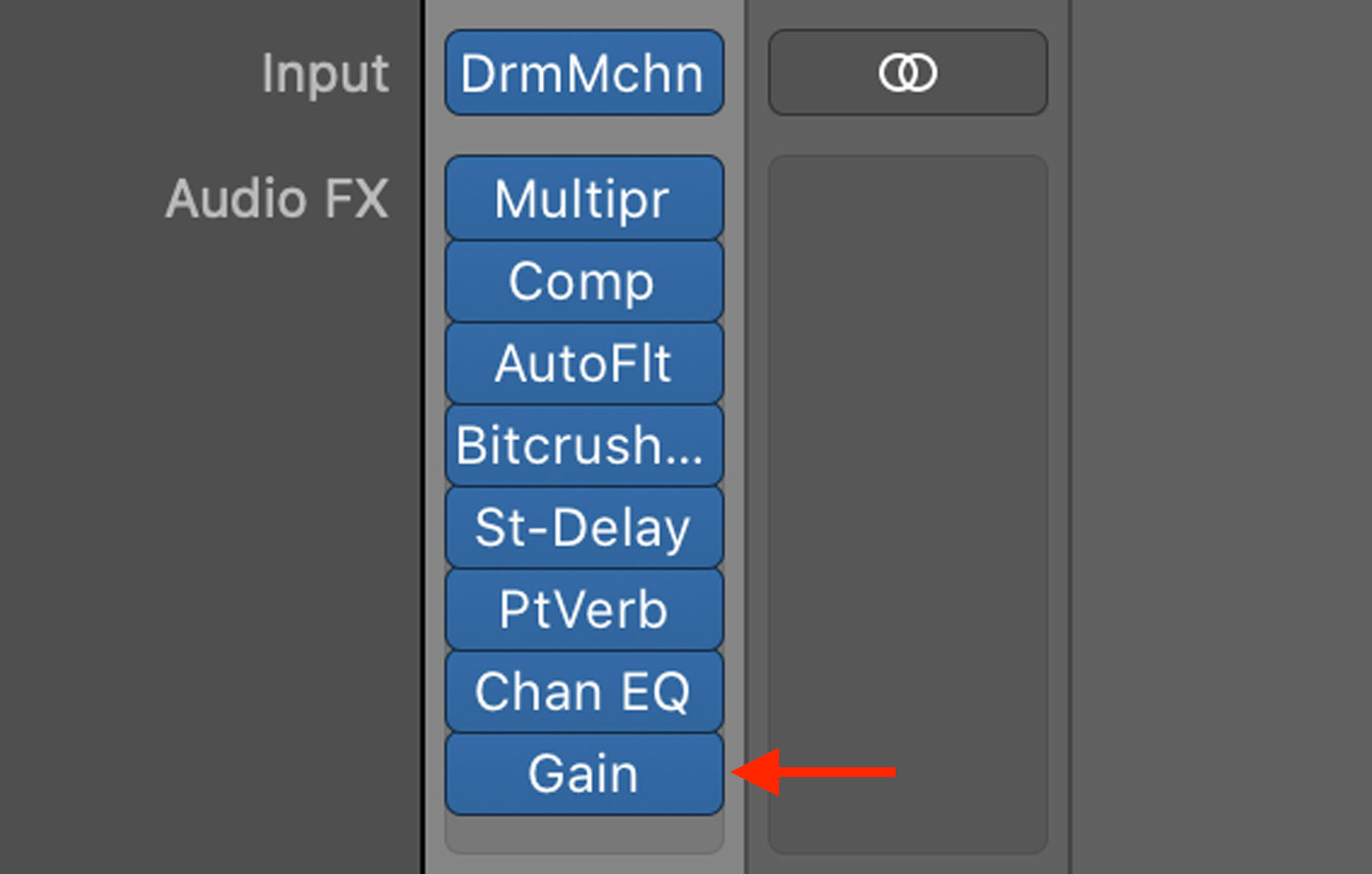 Add the Gain plugin in Logic Pro X.
