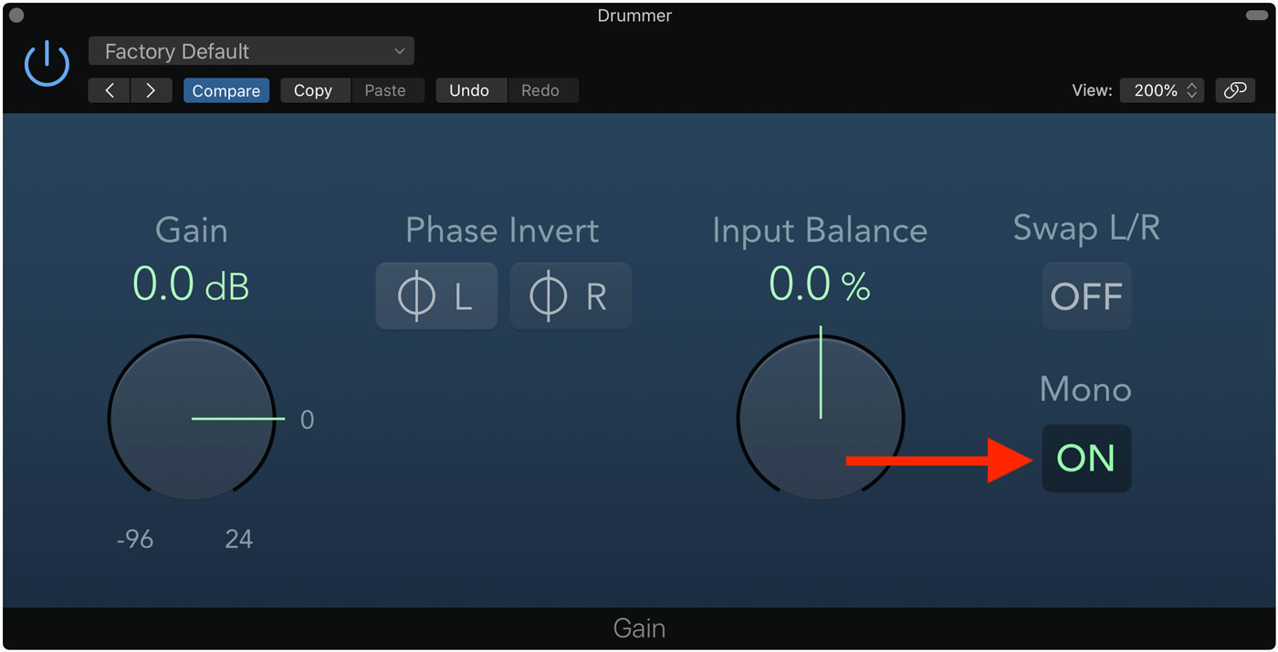 Enable mono mode in Logic Pro X's Gain plugin.