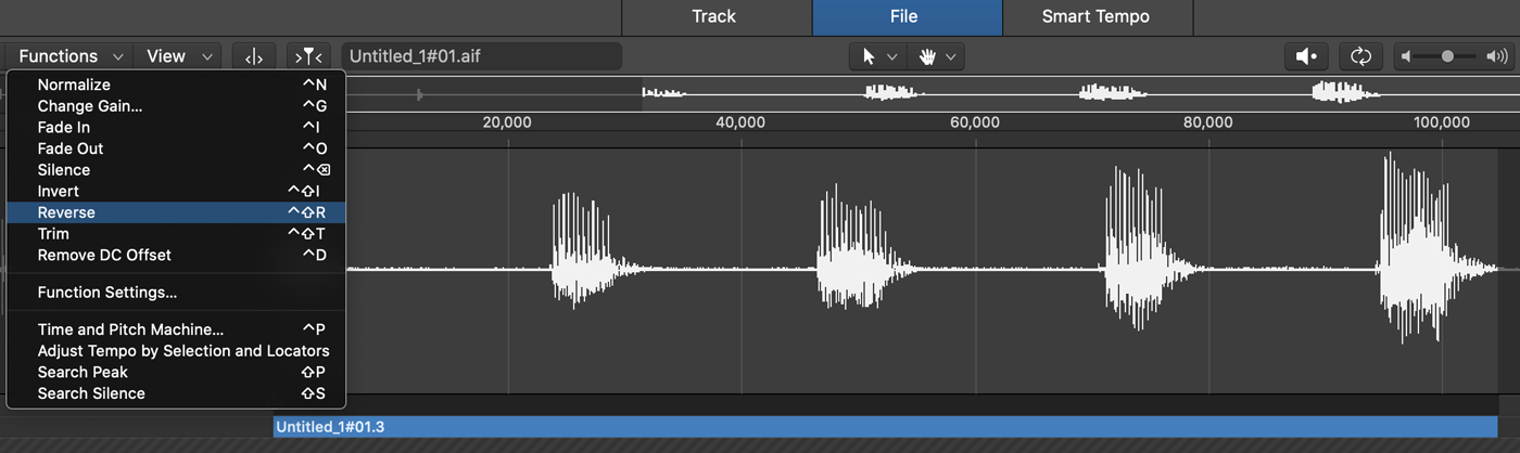 The reverse function in Logic Pro X's audio editor.