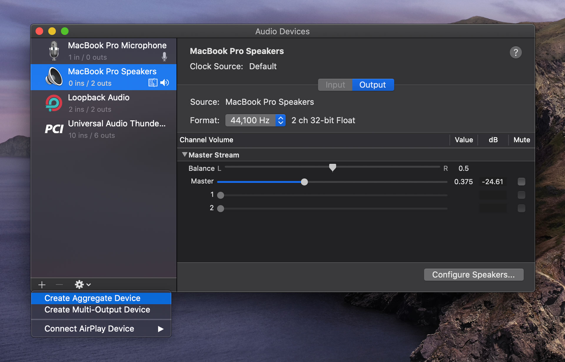 Create an aggregate audio device in macOS.