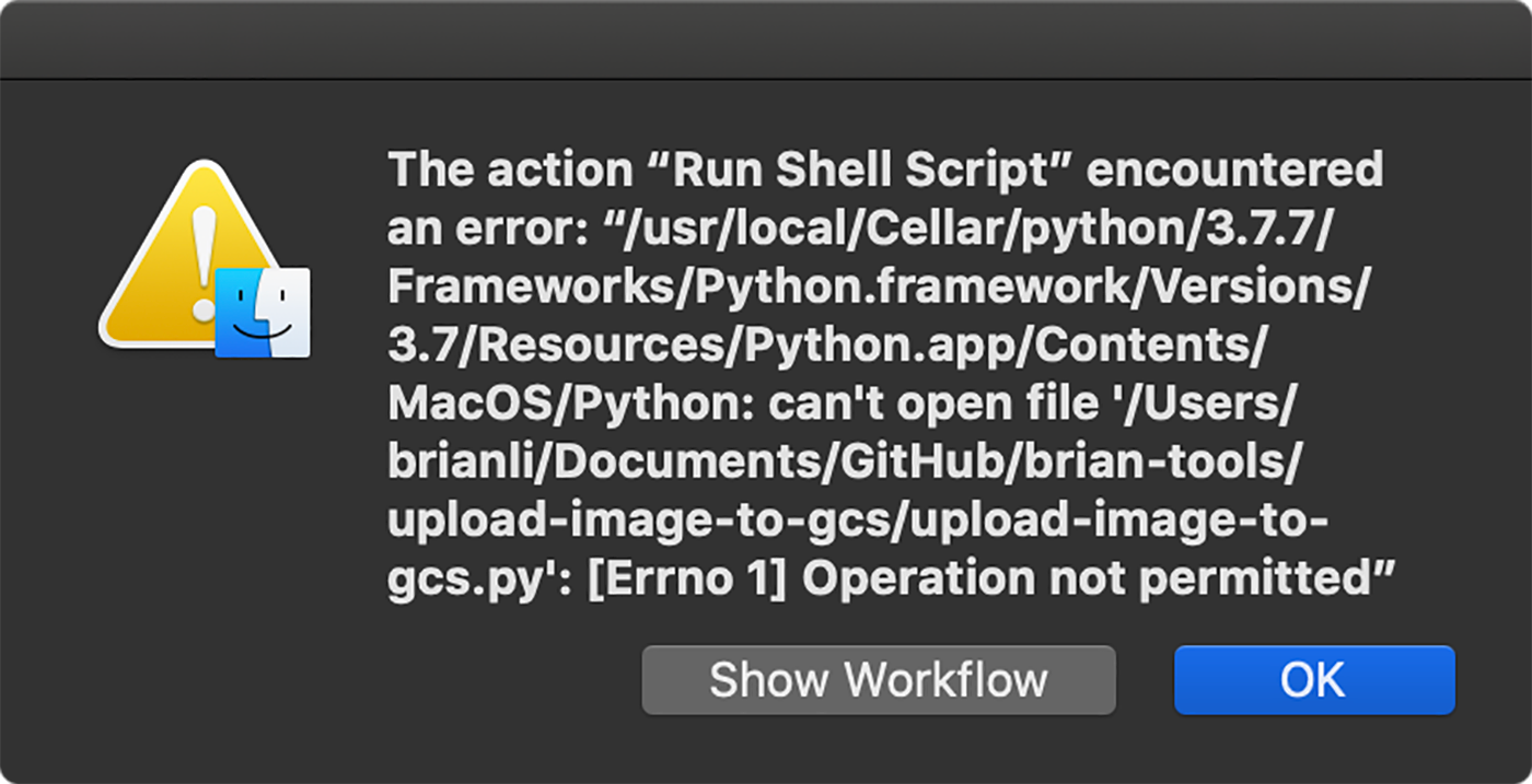 An "operation not permitted" error when running an Automator quick action.
