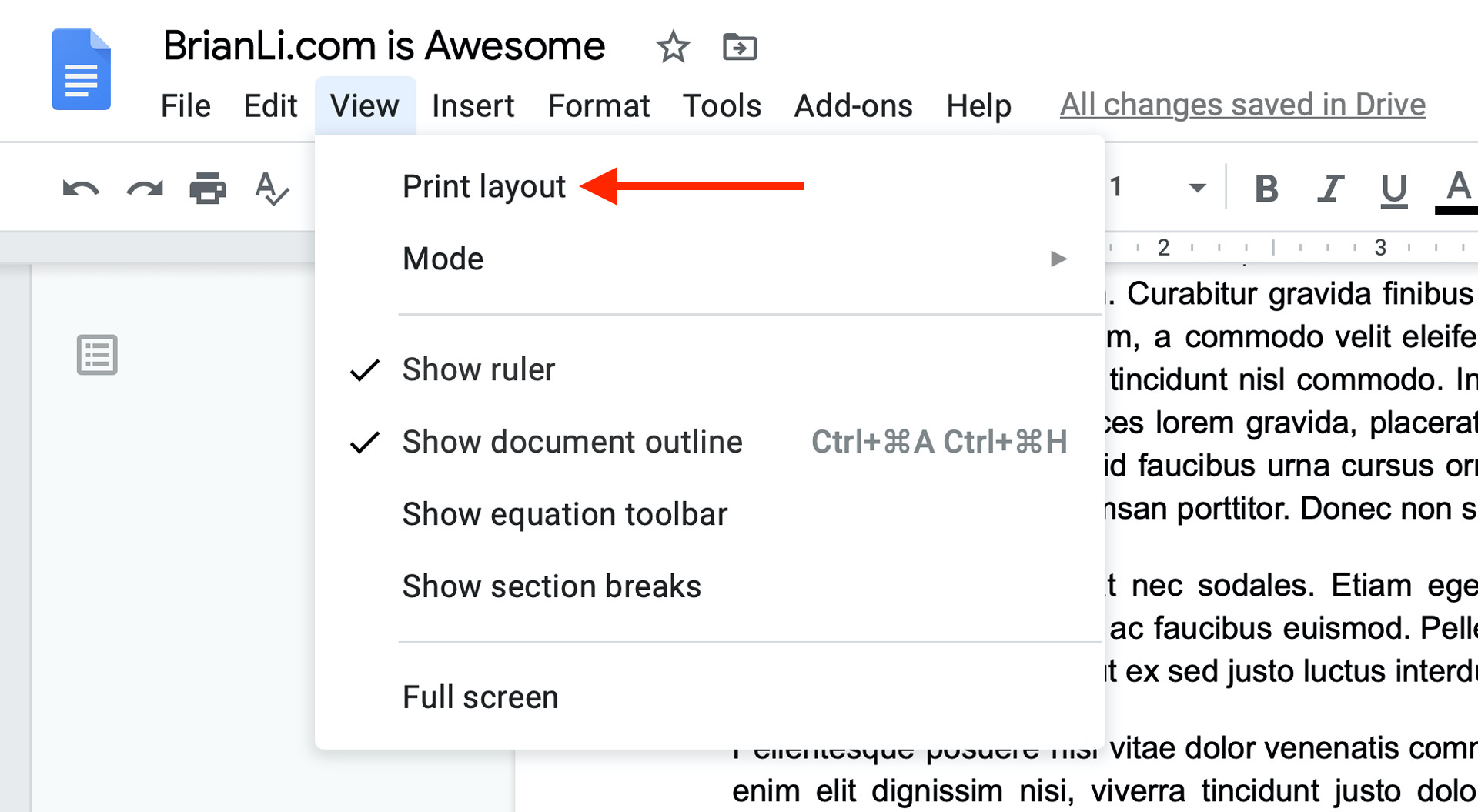 Turn off the print layout feature in Google Docs to remove page breaks.
