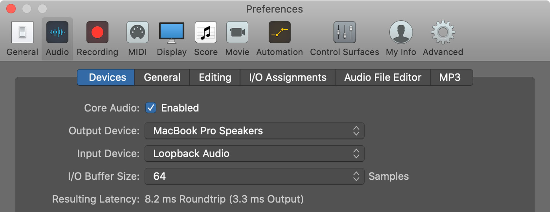 Logic Pro X input and output settings.