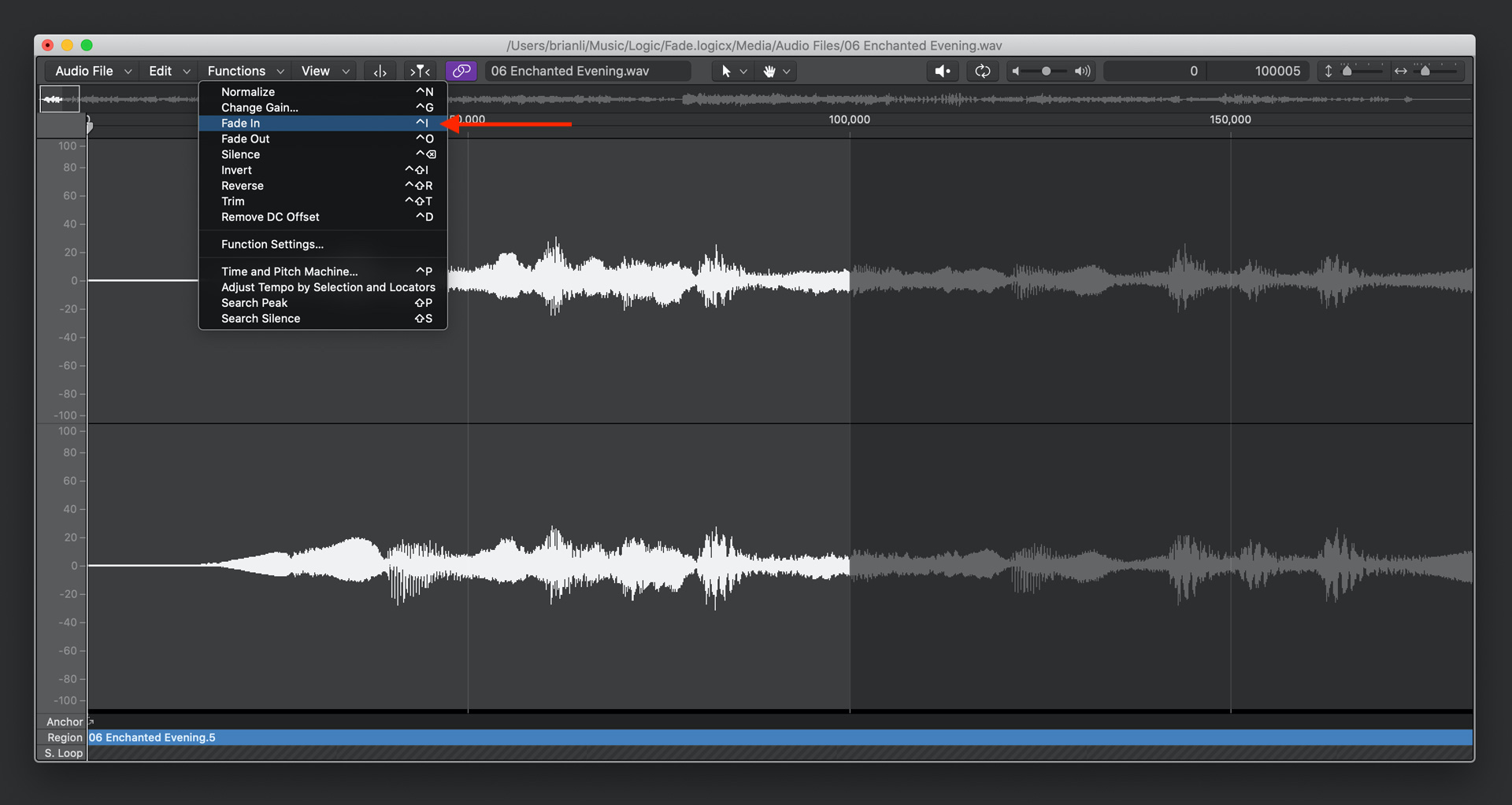 Fade in audio with the audio editor in Logic Pro X.