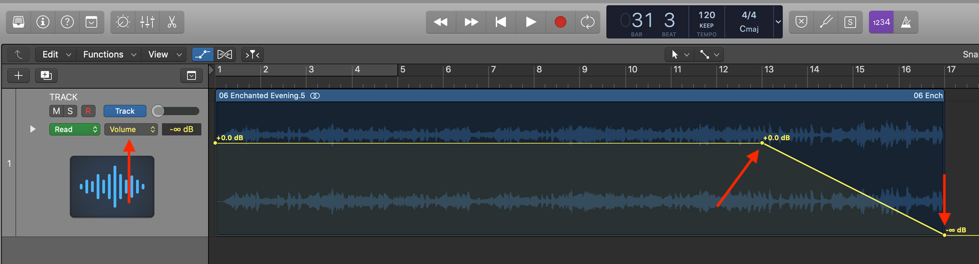 Fade out audio with volume automation in Logic Pro X.