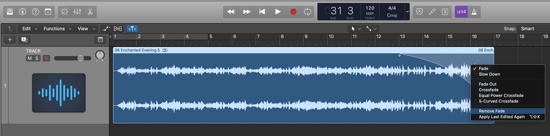 Remove a fade in Logic Pro X.