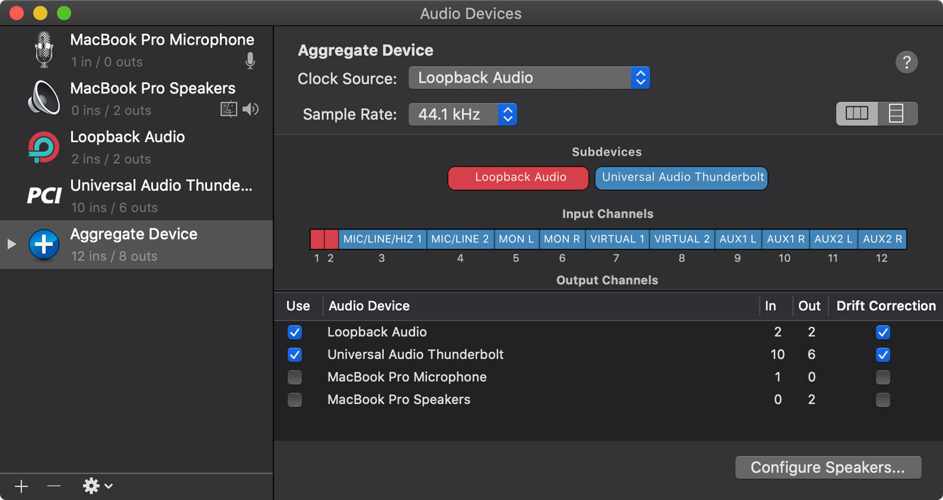 Configure an aggregate audio device in macOS.