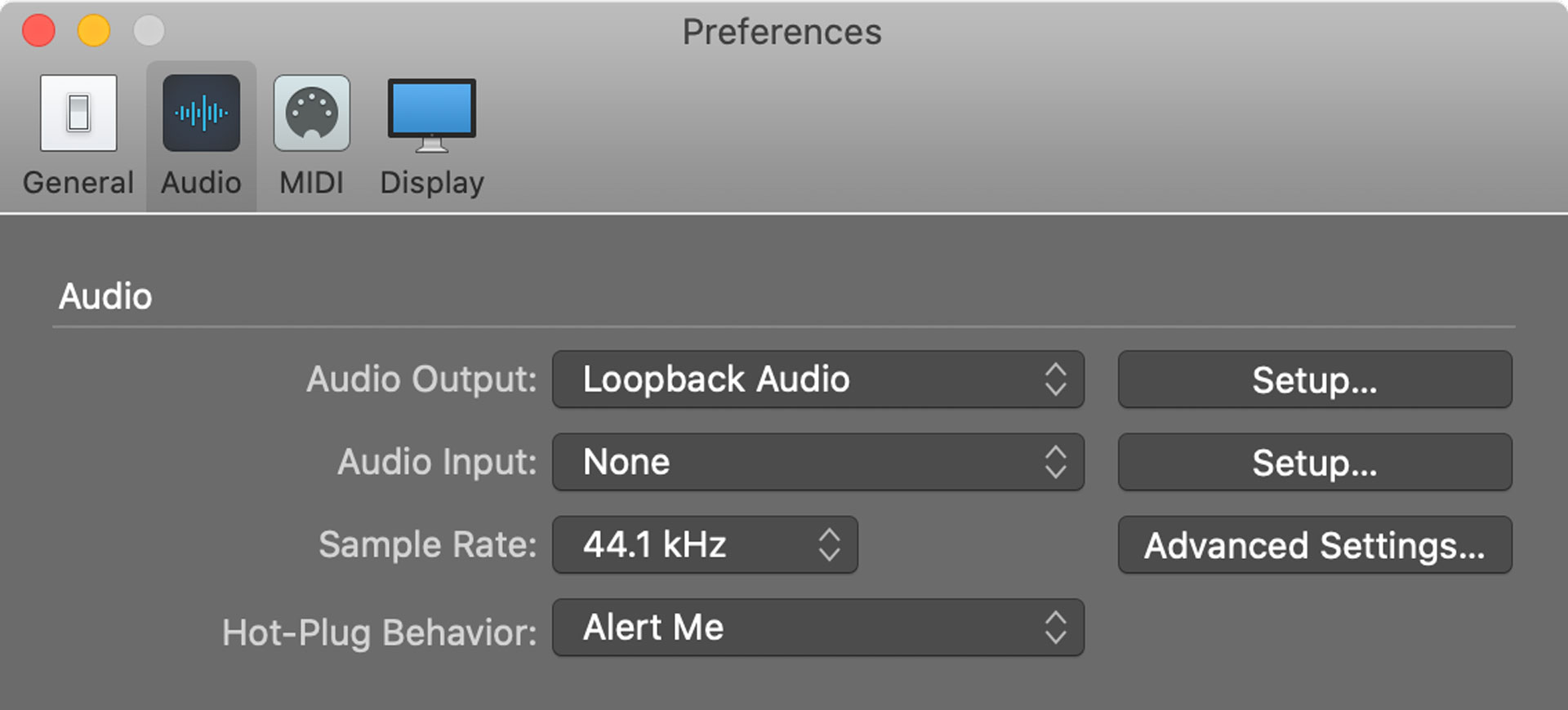 Audio input and output setings in MainStage.