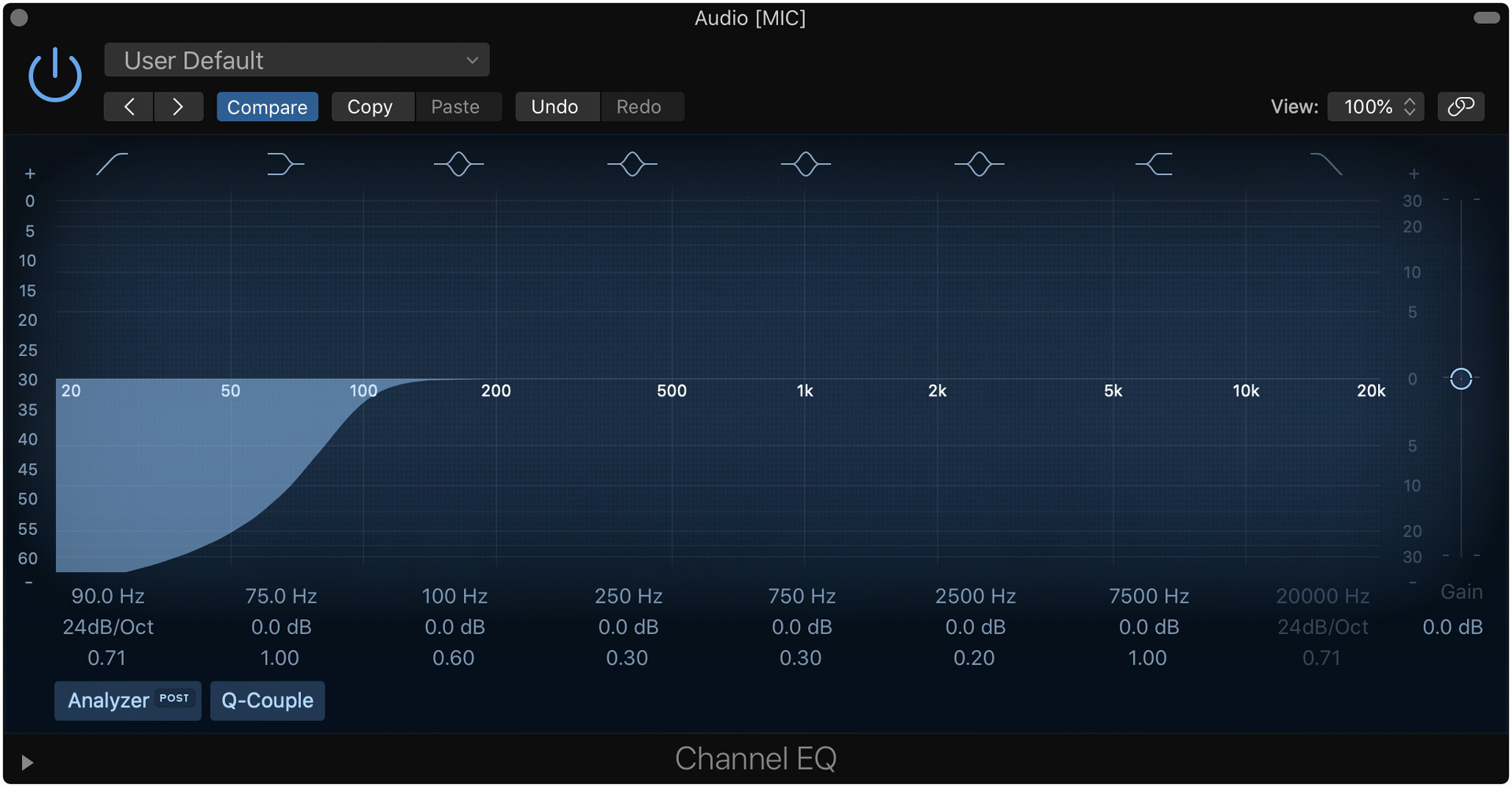 Add a high pass EQ in MainStage.