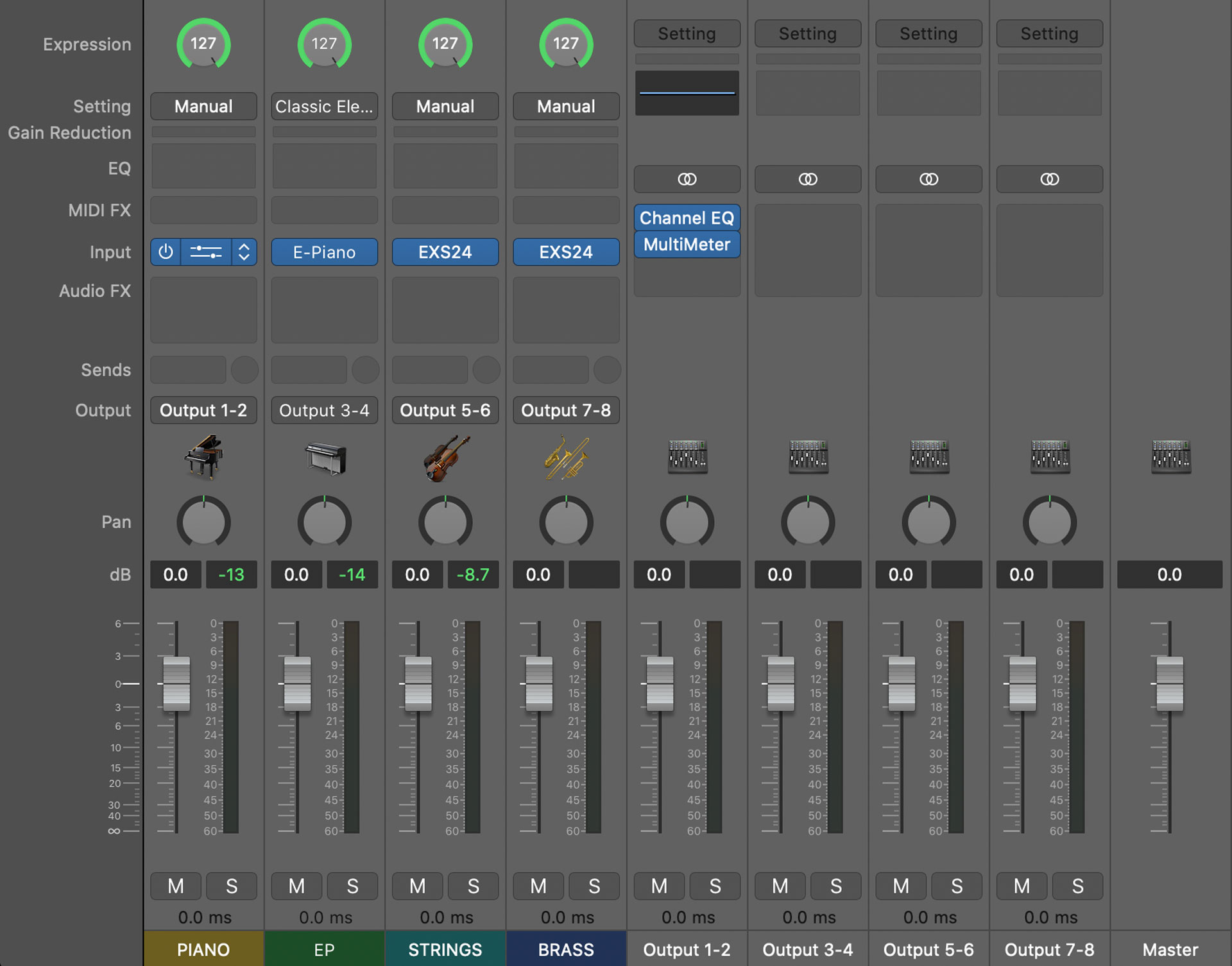 Configure MainStage to use eight channels of output.