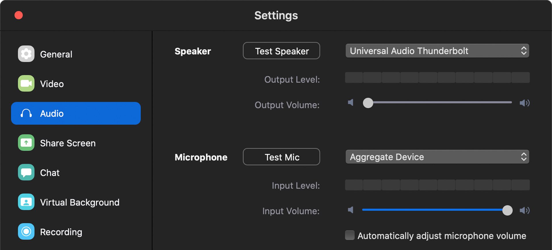 Audio settings for an online Zoom concert.