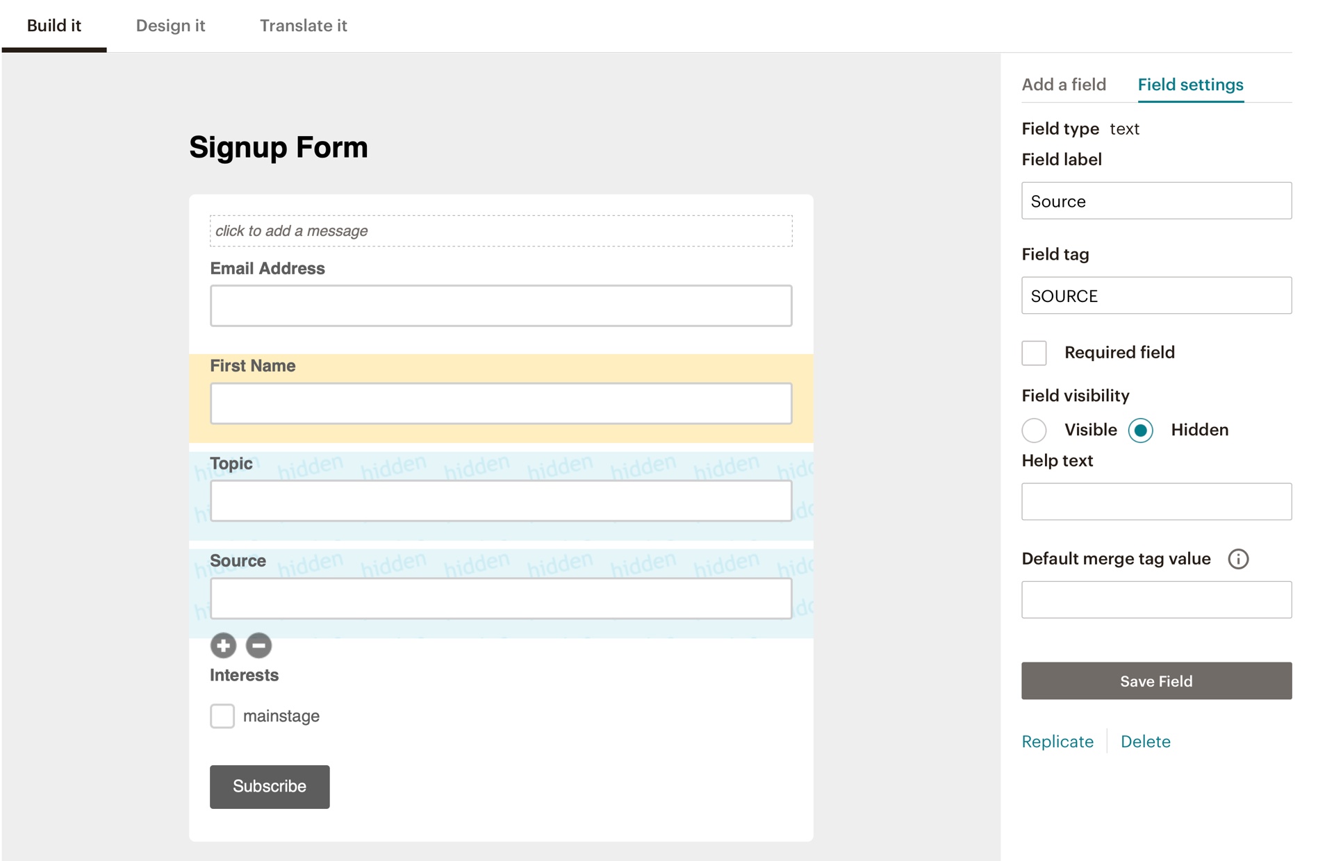 Create hidden text fields in Mailchimp