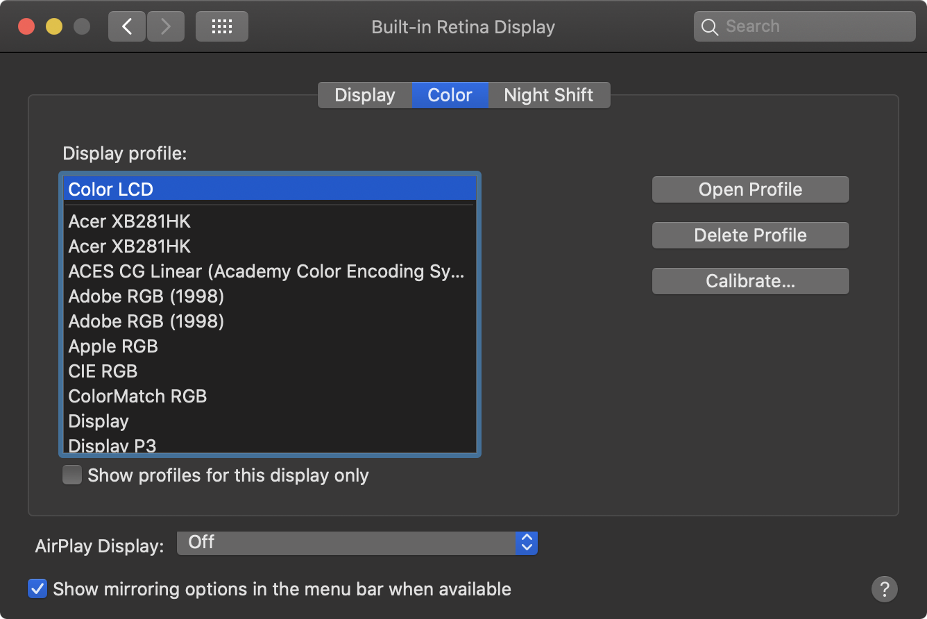 Display profiles in macOS.