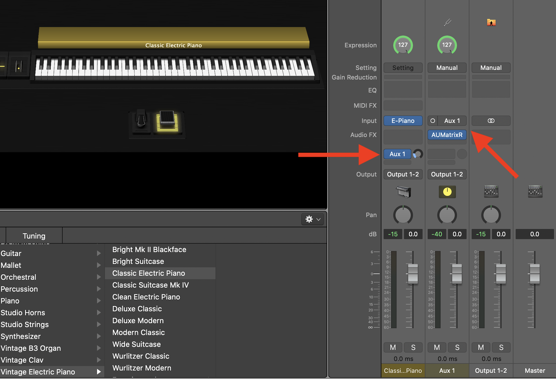 Use auxiliary buses in MainStage to create global effects.