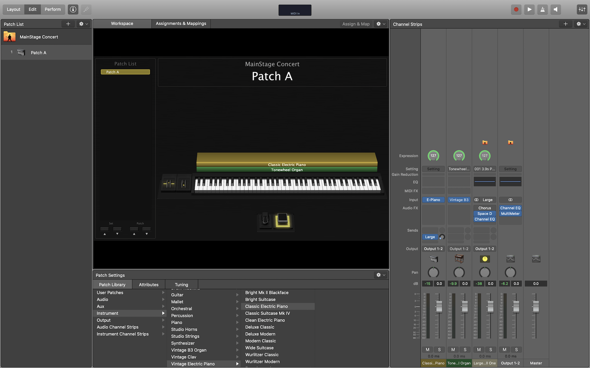 Layering instruments in Apple MainStage.