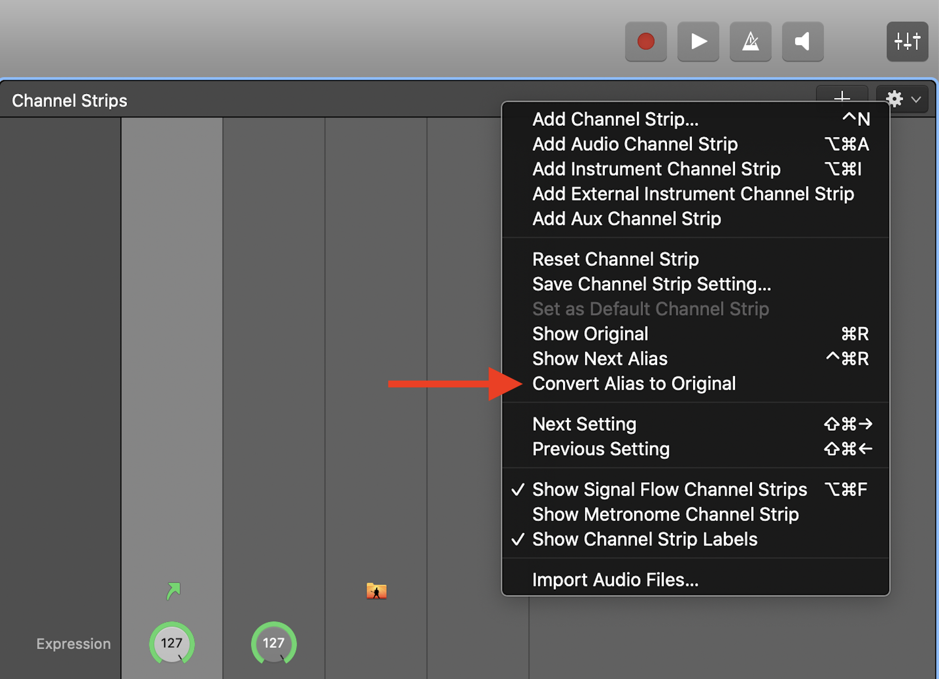 Convert an aliased channel strip to an original channel strip in MainStage.