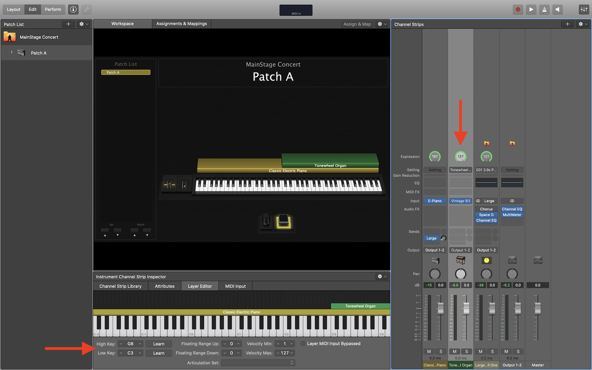 Layering instruments in Apple MainStage.