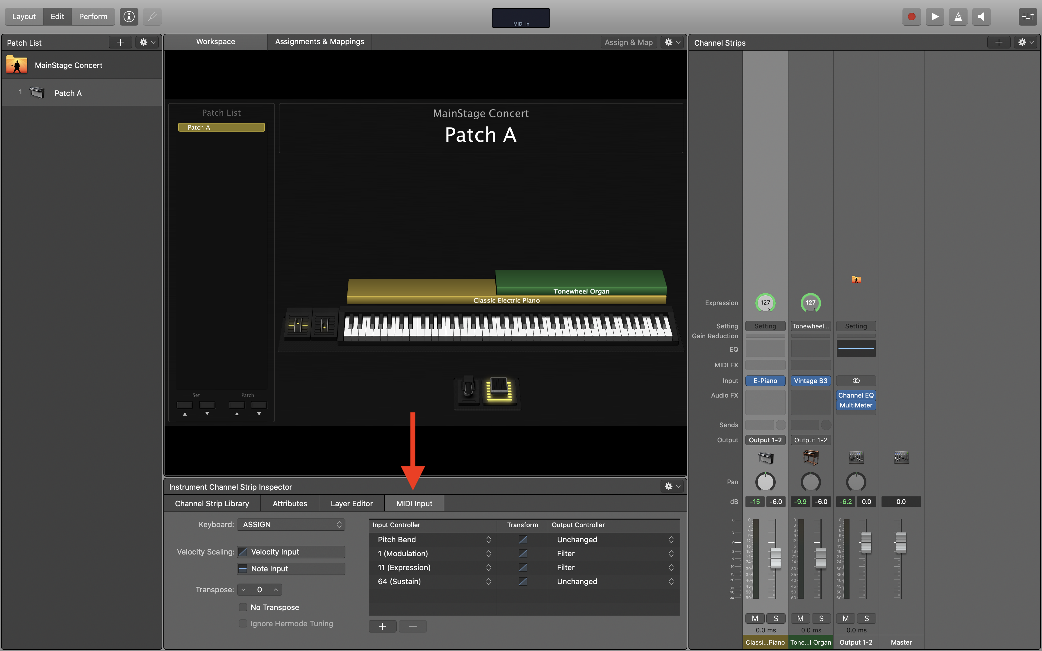 Layering instruments in Apple MainStage.