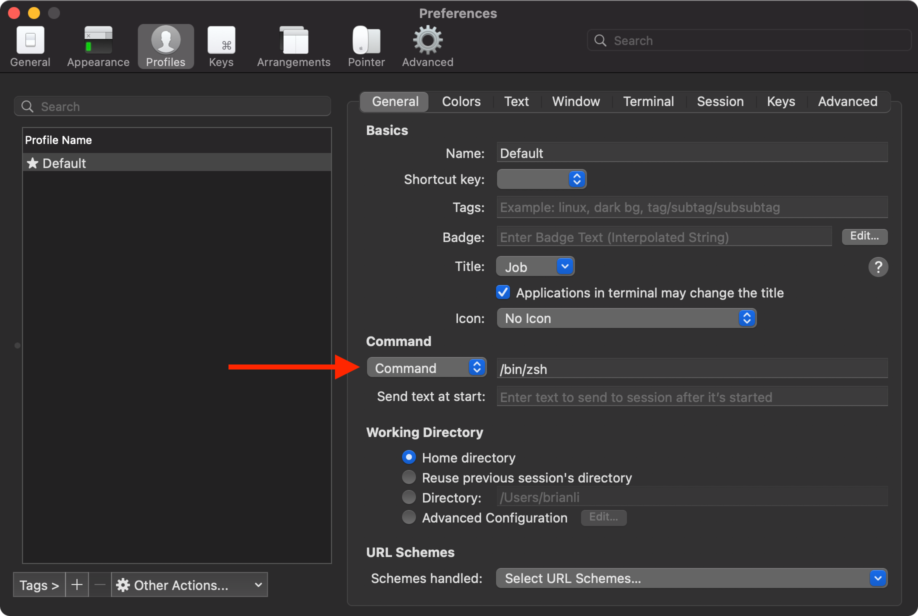 Command setting in iTerm2.