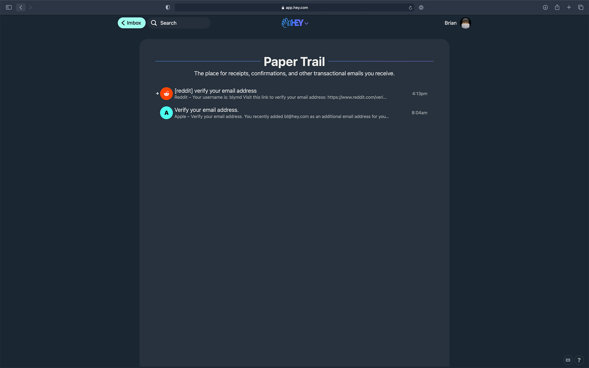 HEY's Paper Trail for receipts and transactional emails.