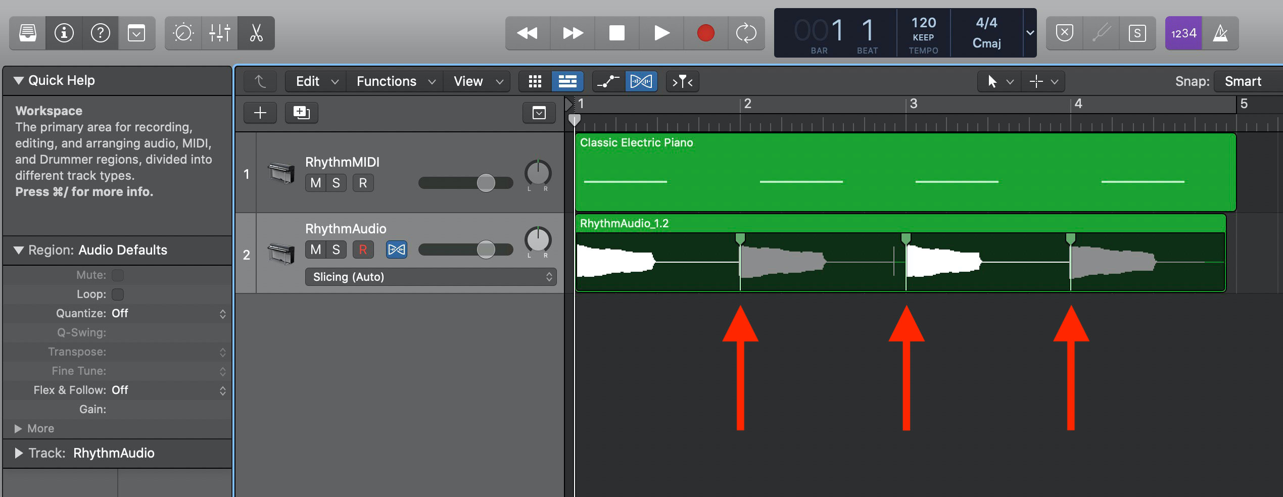 Drag flex markers in Logic Pro X.