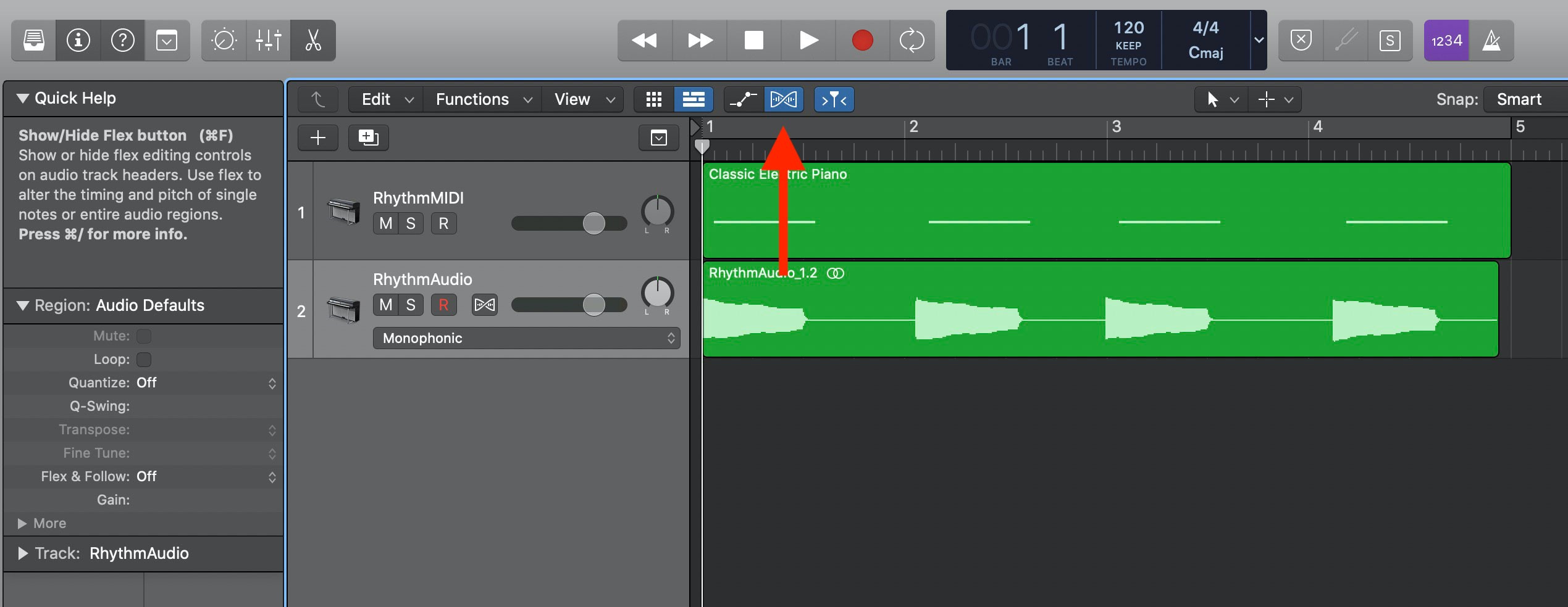 Enable flex mode in Logic Pro X.