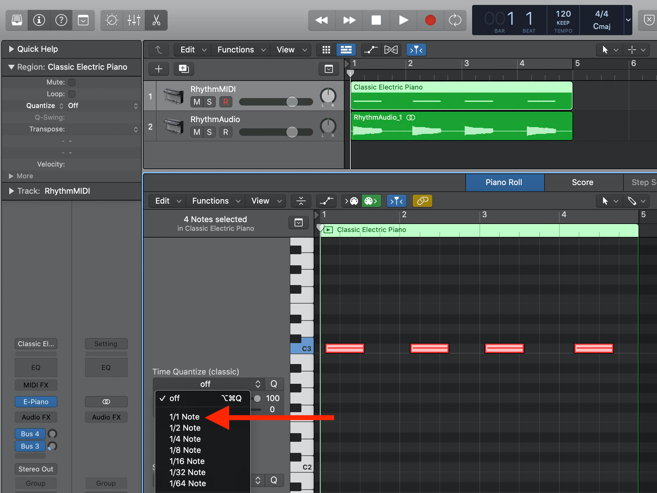 Quantizing MIDI notes in Logic Pro X.