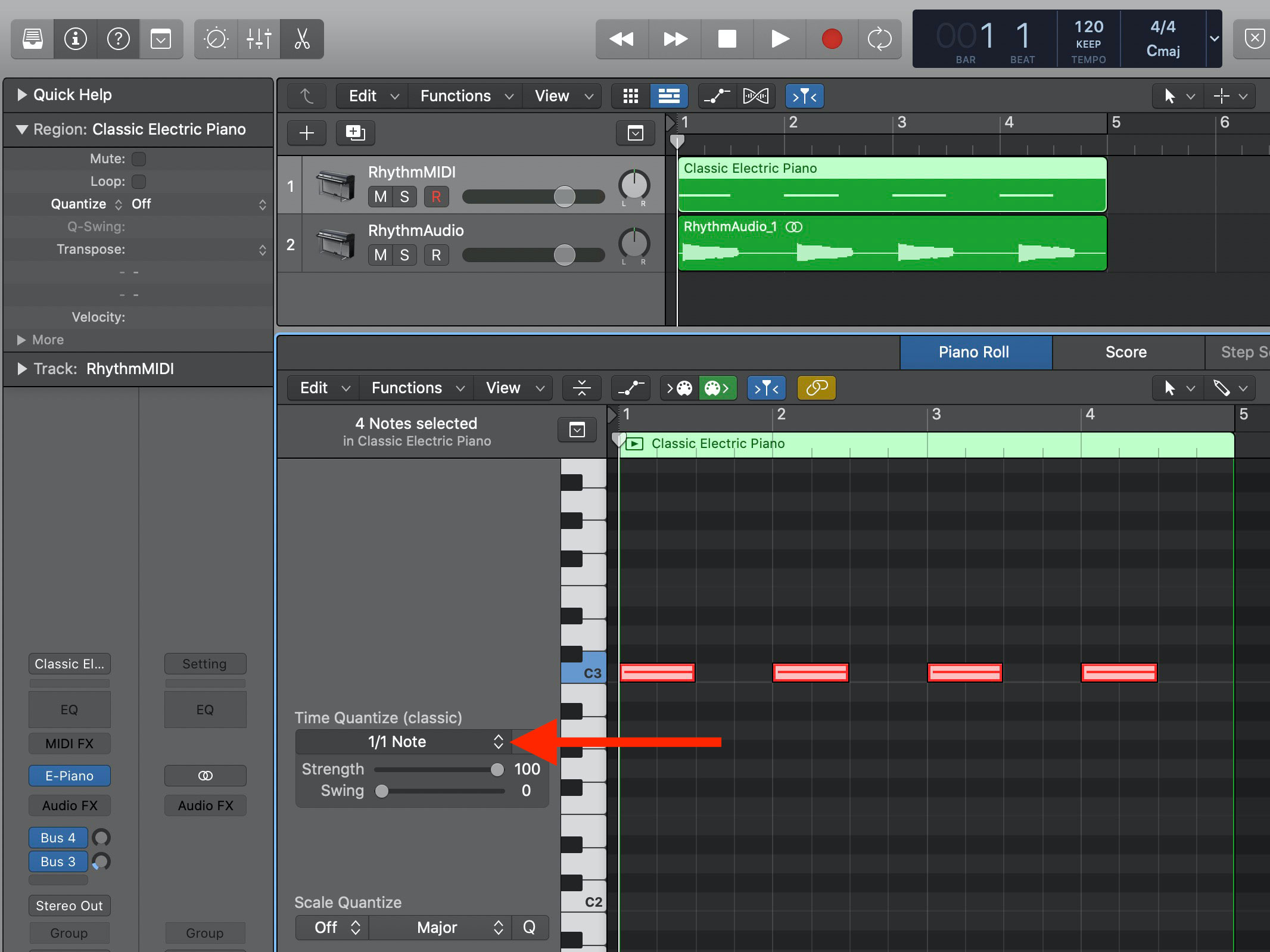 Quantized MIDI notes in Logic Pro X.