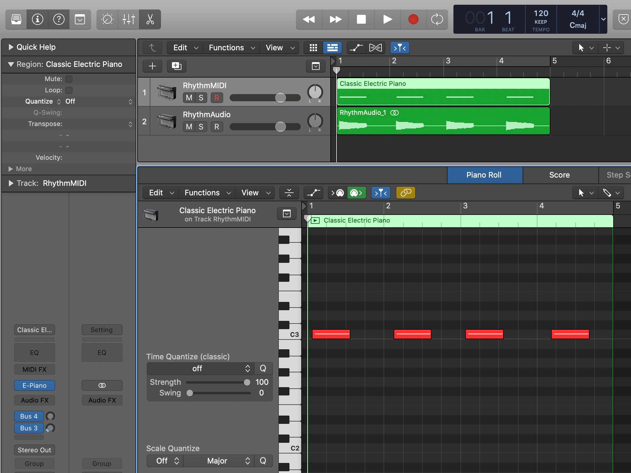 Unquantized MIDI notes in Logic Pro X.