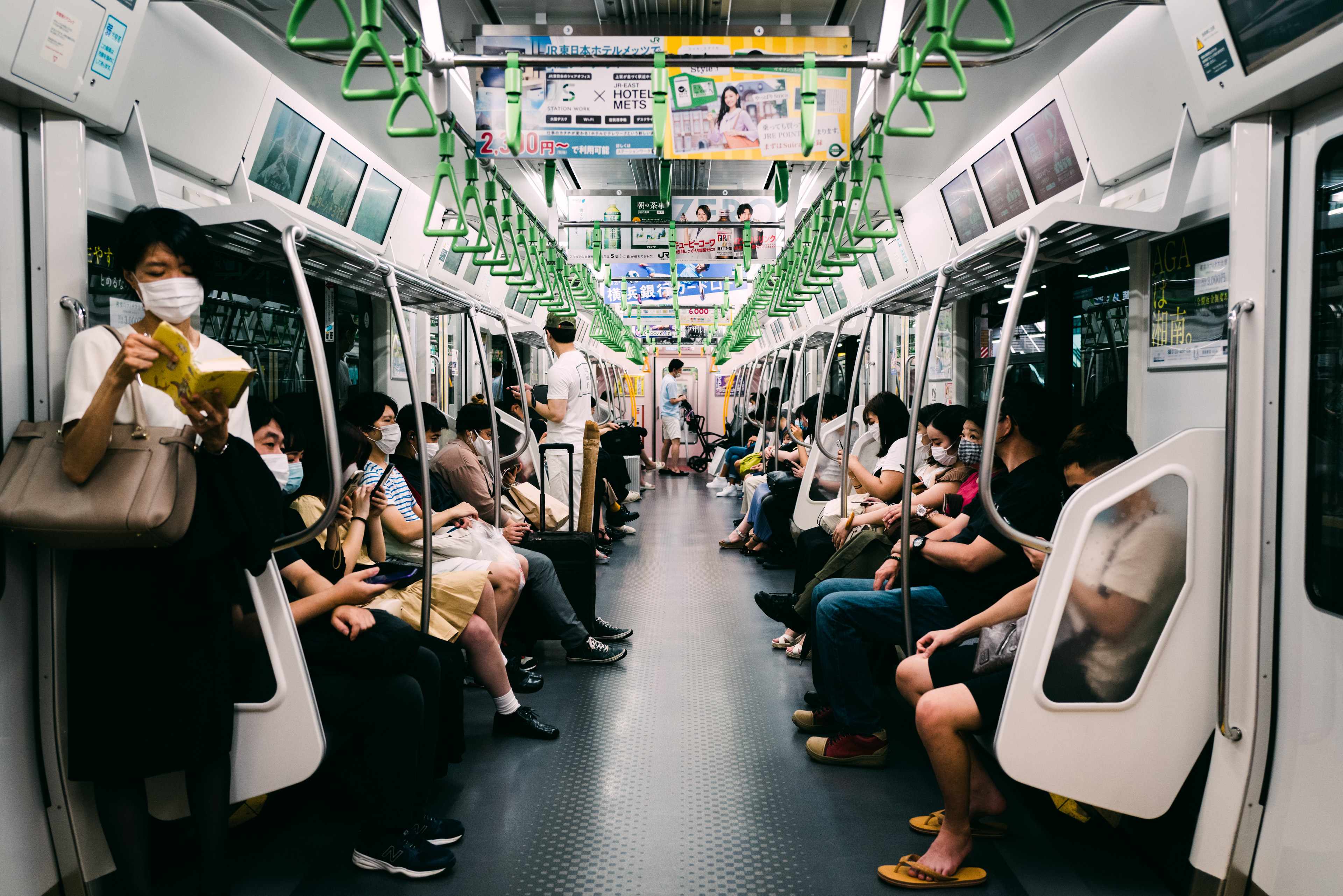 Inside a train on the Tokyo Metro.